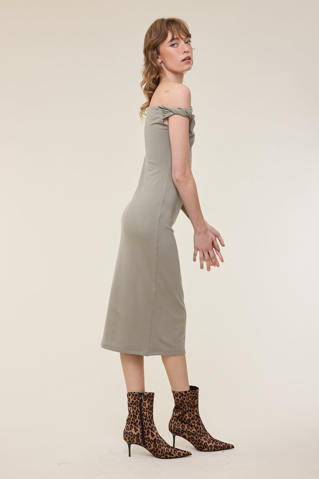 Jade Twist Off Shoulder Midi Dress