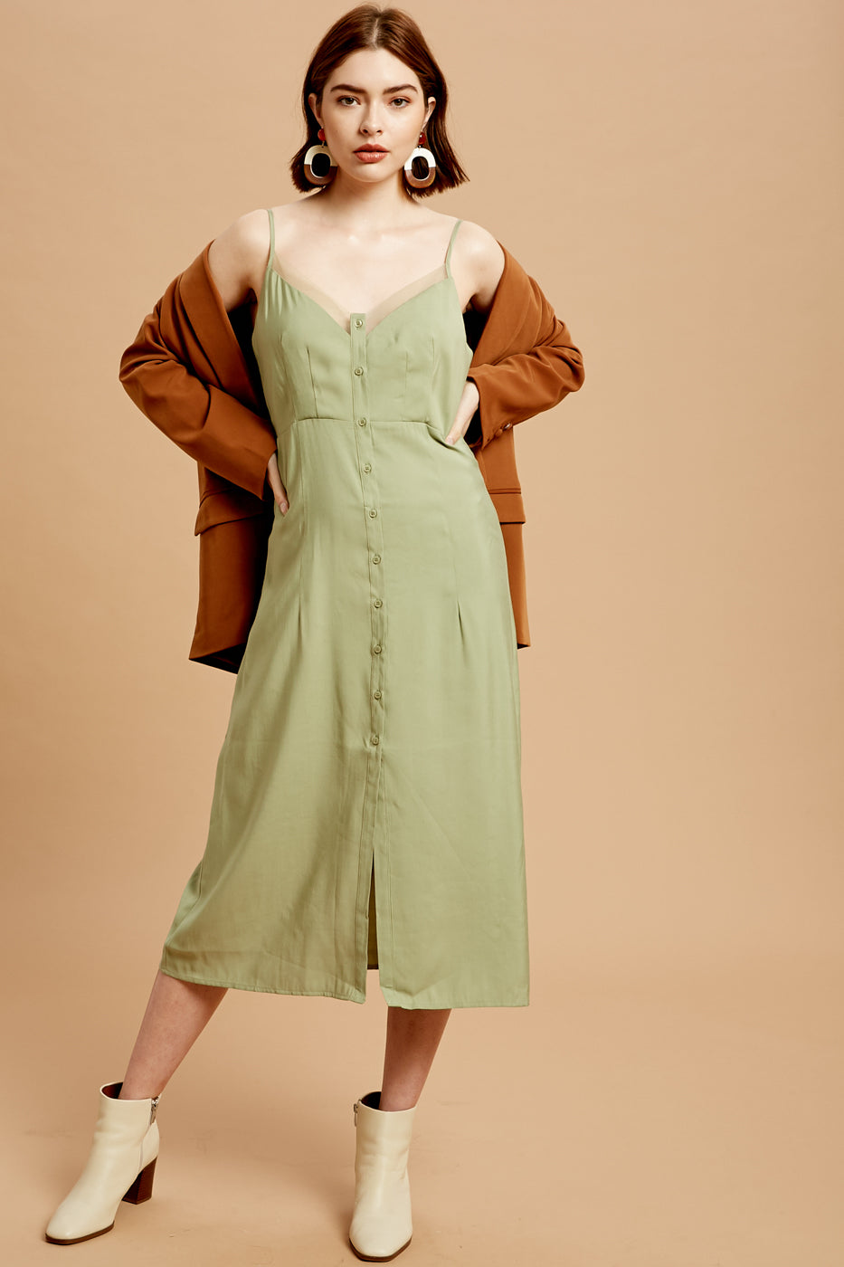 Button Down Mesh Neckline Midi Dress