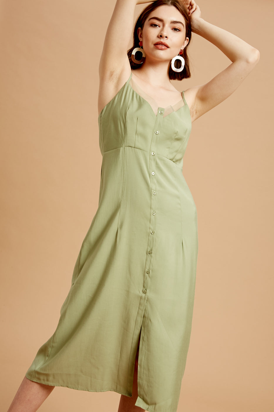 Button Down Mesh Neckline Midi Dress