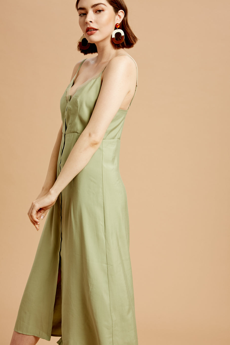 Button Down Mesh Neckline Midi Dress