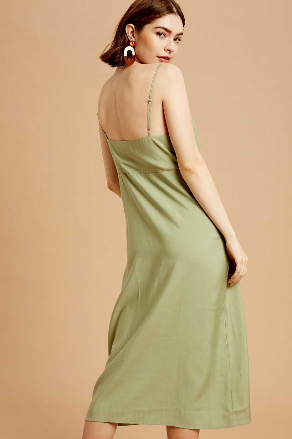 Button Down Mesh Neckline Midi Dress