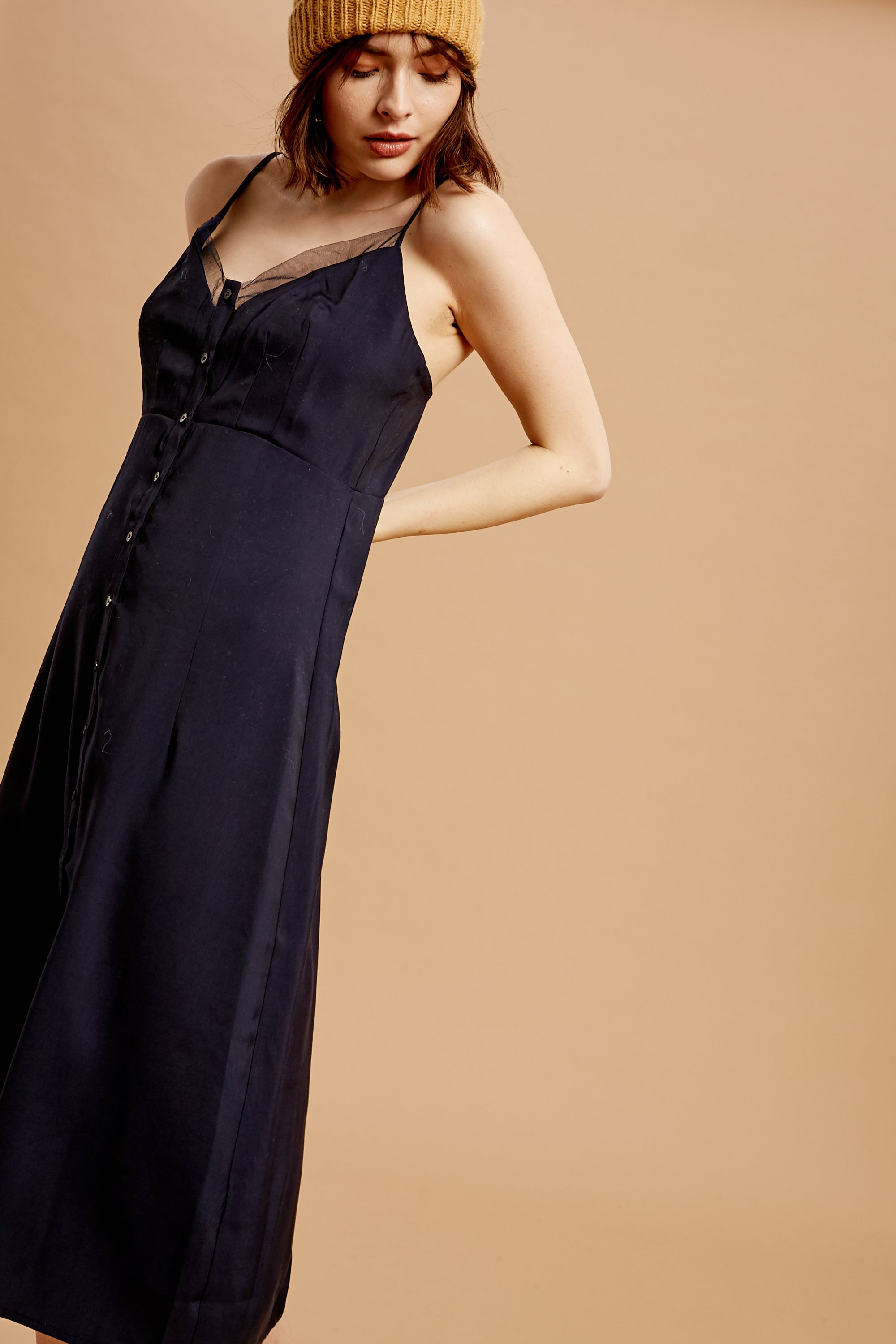 Button Down Mesh Neckline Midi Dress