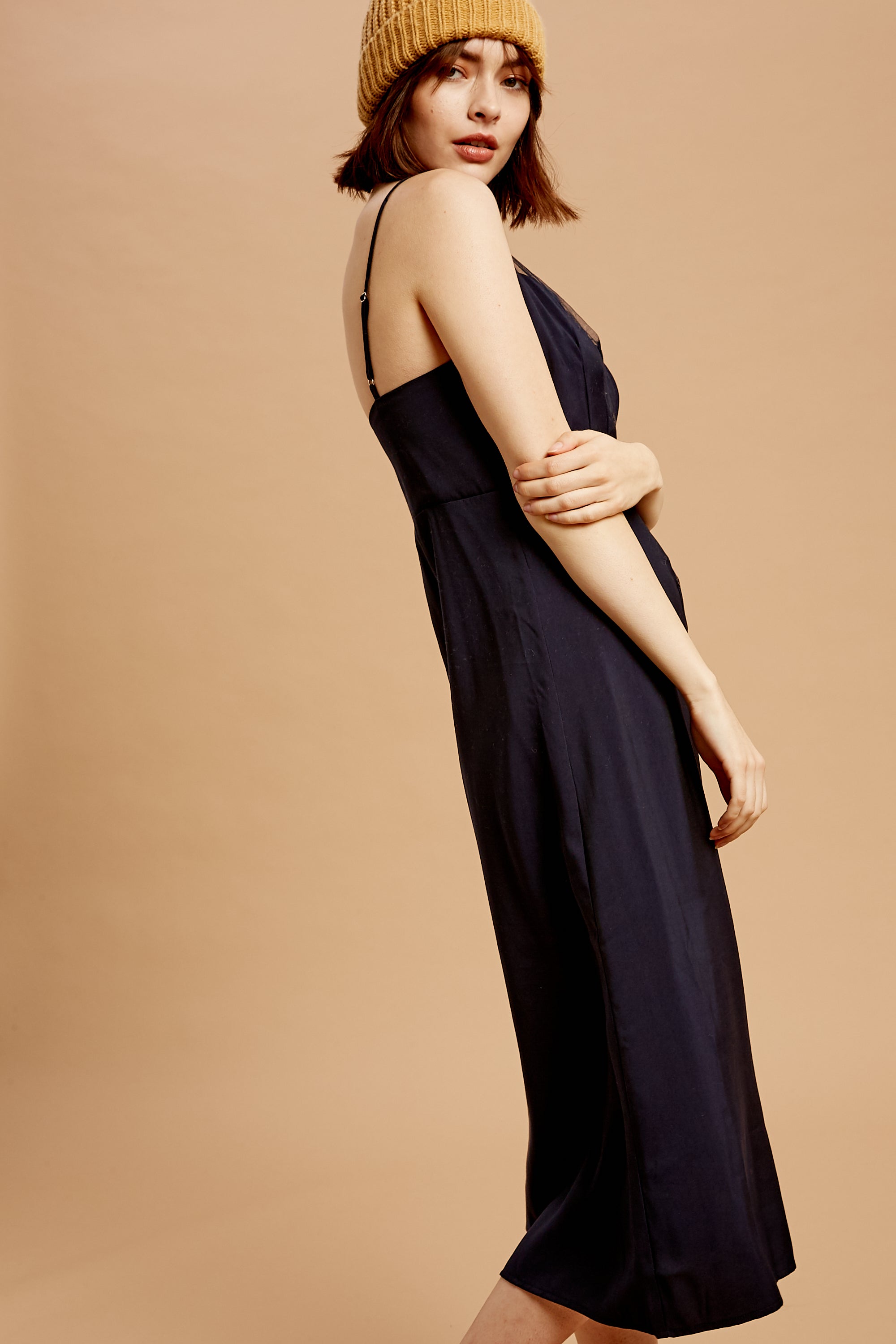Button Down Mesh Neckline Midi Dress